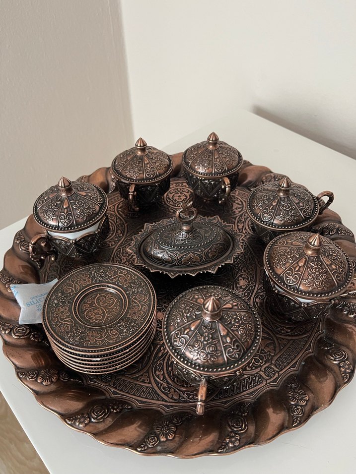 Kahverengi Desenli Bakır Kahve Fincanı Seti 3 porselen kırık - Görsel 2