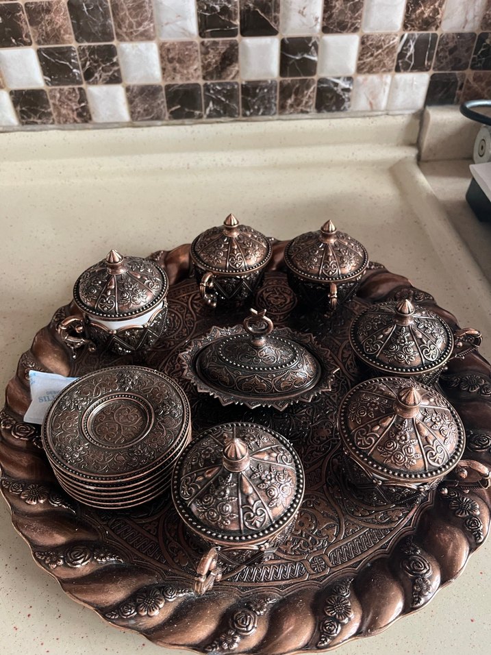 Kahverengi Desenli Bakır Kahve Fincanı Seti 3 porselen kırık - Görsel 5