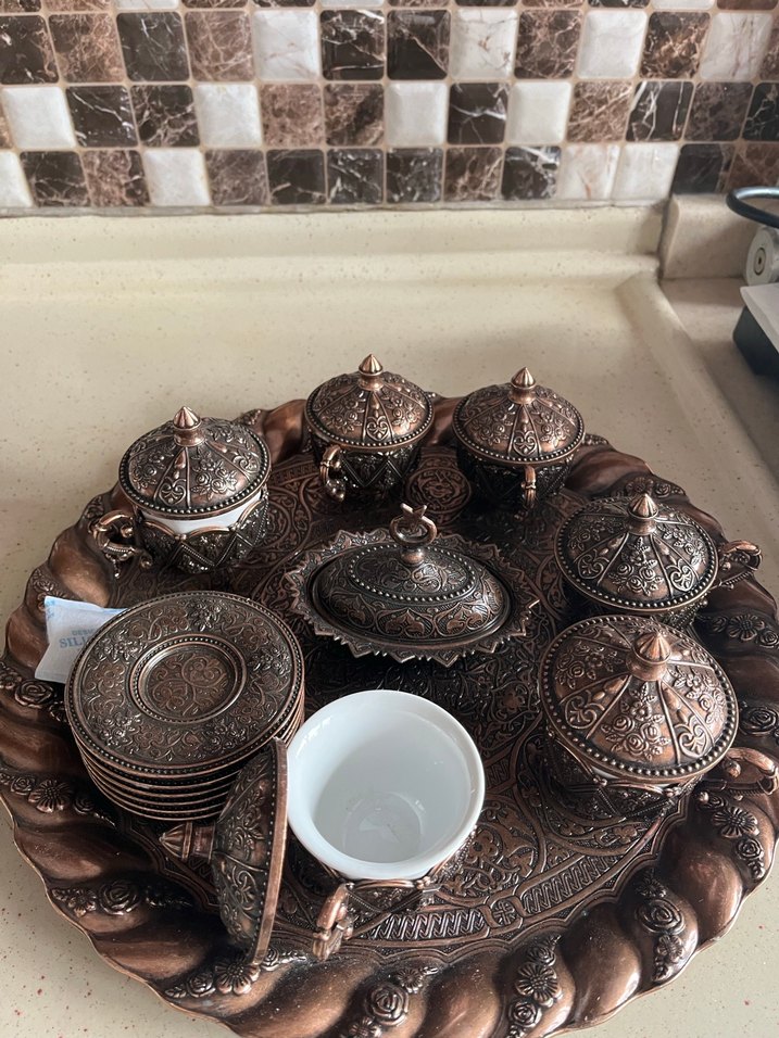 Kahverengi Desenli Bakır Kahve Fincanı Seti 3 porselen kırık - Görsel 4