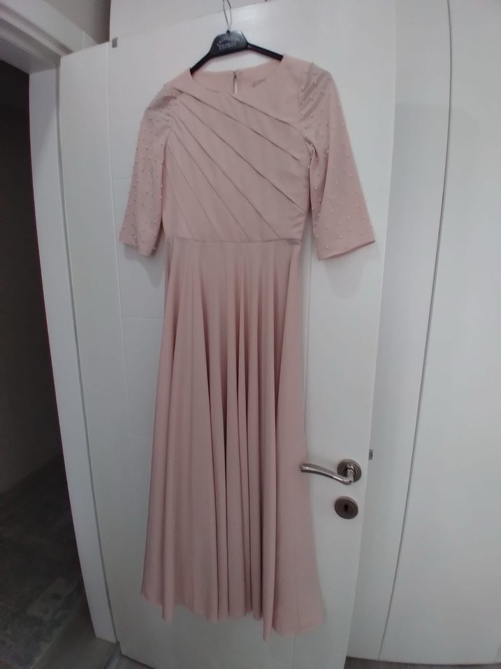 Kaliteli Kumaştan Pudra Rengi Abiye Anne-Kız Elbisesi - Görsel 4