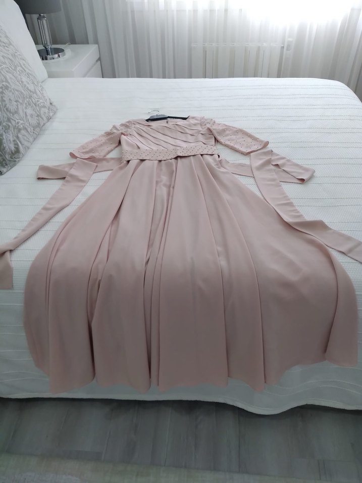 Kaliteli Kumaştan Pudra Rengi Abiye Anne-Kız Elbisesi - Görsel 2