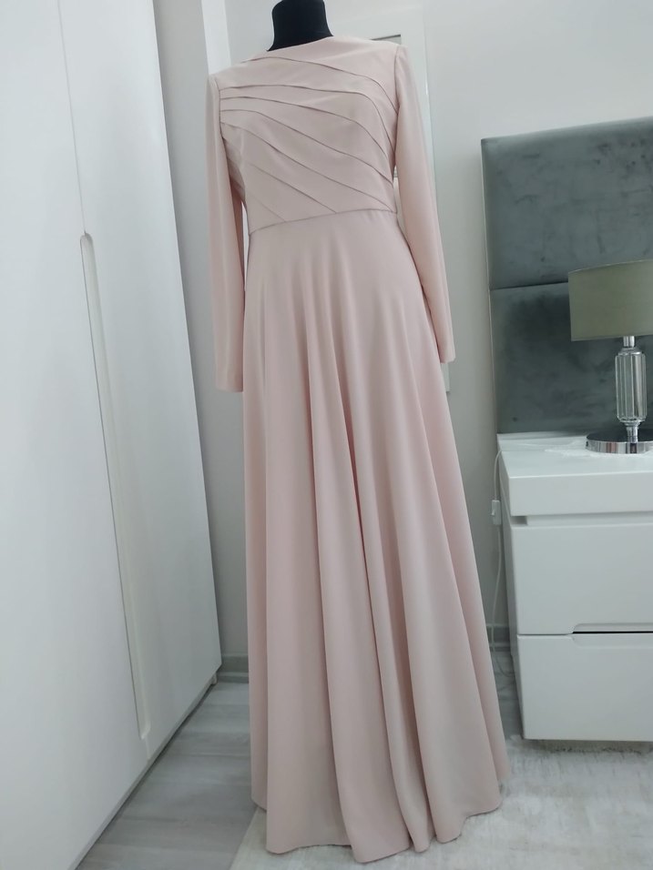 Kaliteli Kumaştan Pudra Rengi Abiye Anne-Kız Elbisesi - Görsel 3