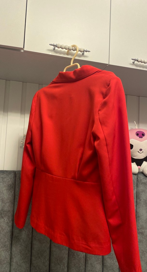 Kadın Kırmızı Düğmeli Midi Blazer Ceket - Görsel 2