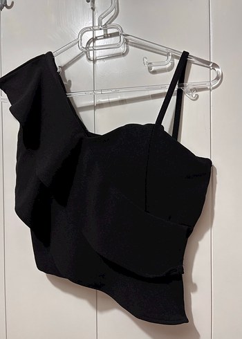 Tek Omuzlu Drapeli Siyah Mini Büstiyer - Görsel 2