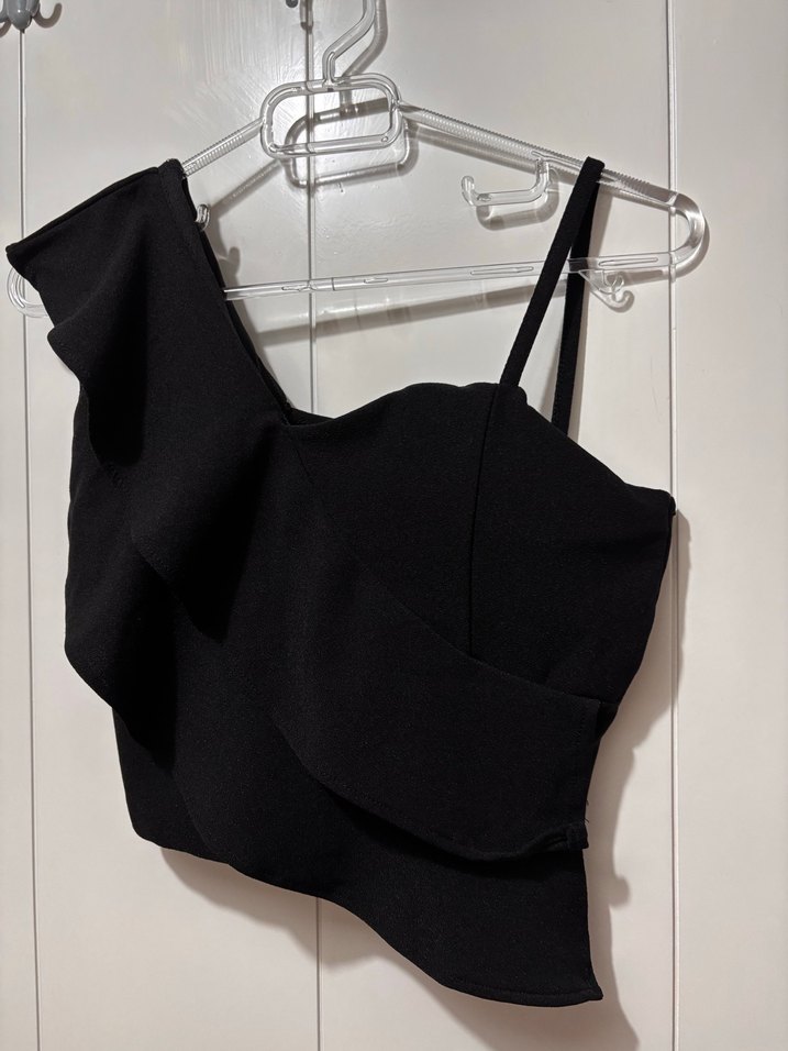 Tek Omuzlu Drapeli Siyah Mini Büstiyer - Görsel 2