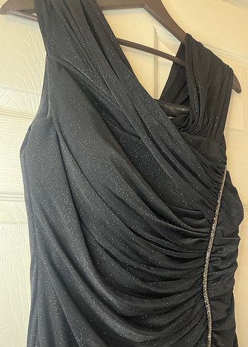 Siyah Drapeli V Yakalı Uzun Abiye Elbise - Görsel 4