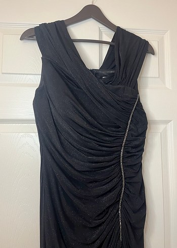 Siyah Drapeli V Yakalı Uzun Abiye Elbise - Görsel 2