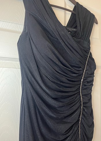 Siyah Drapeli V Yakalı Uzun Abiye Elbise - Görsel 3