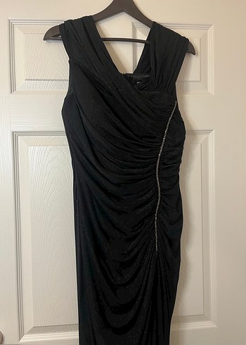 Siyah Drapeli V Yakalı Uzun Abiye Elbise - Görsel 8