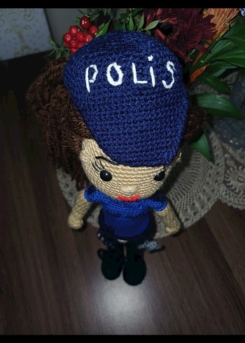 Mavi Kasketli Polis Amigurumi Örgü Bebek - Görsel 3
