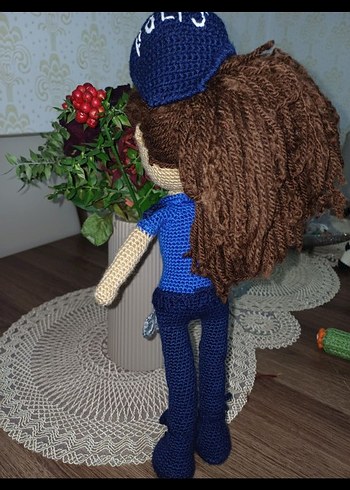 Mavi Kasketli Polis Amigurumi Örgü Bebek - Görsel 2