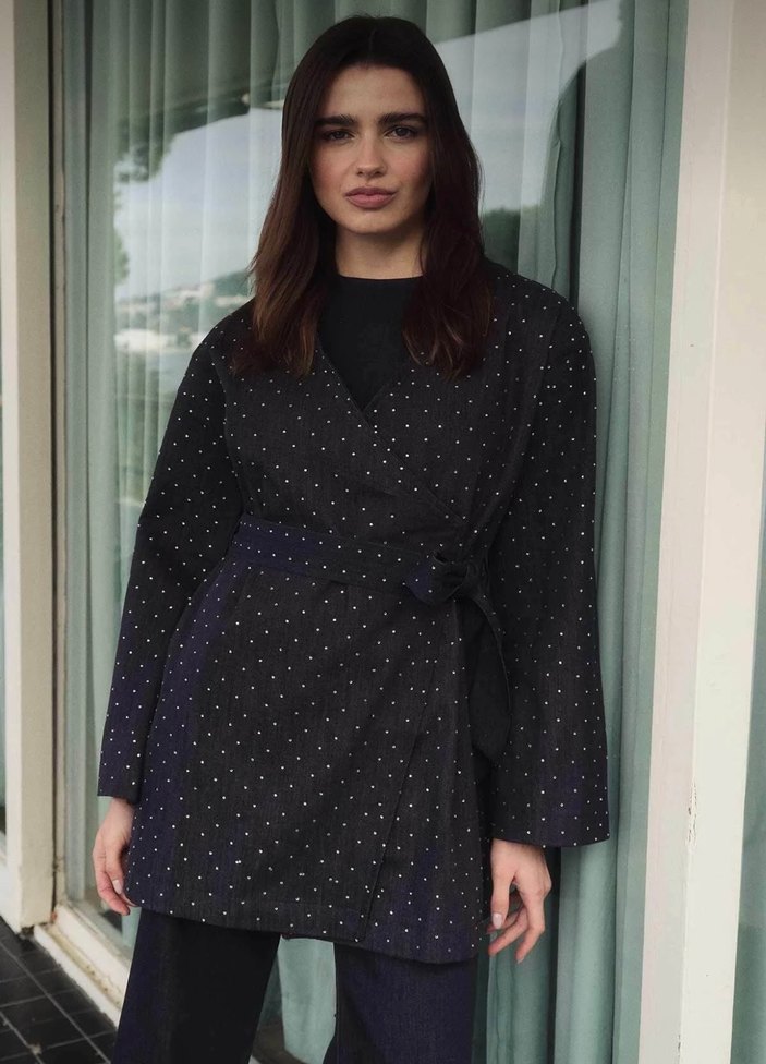 Hooops Taş İşlemeli Lacivert Denim Ceket - Görsel 2