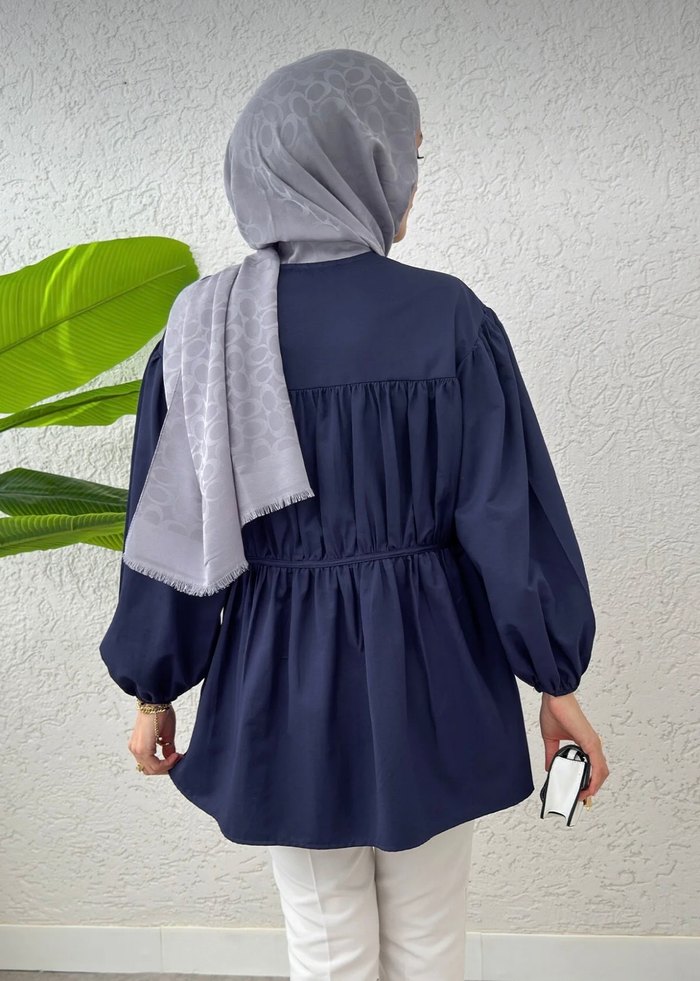 Düğmeli Lacivert Uzun Kollu Midi Gömlek - Görsel 2