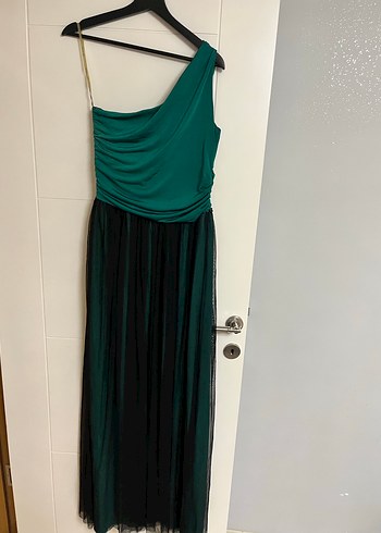 Yeşil Drapeli Eteği Tül Detaylı Tek Omuz Uzun Abiye Elbise - Görsel 3