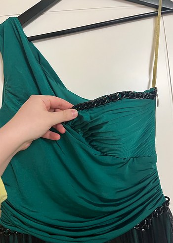 Yeşil Drapeli Eteği Tül Detaylı Tek Omuz Uzun Abiye Elbise - Görsel 2