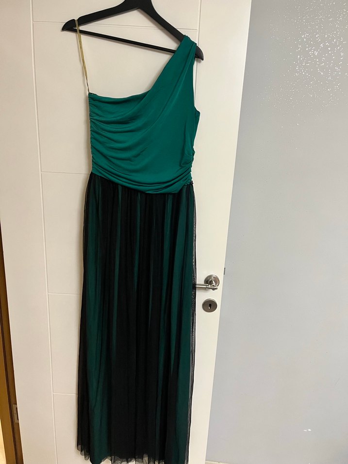 Yeşil Drapeli Eteği Tül Detaylı Tek Omuz Uzun Abiye Elbise - Görsel 3