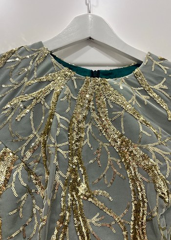 Yeşil Payet İşlemeli Uzun Kadın Tesettür Abiye Elbise - Görsel 3