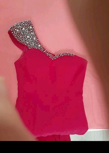 Pullu Tek Omuz Fuşya Midi Abiye Elbise - Görsel 2