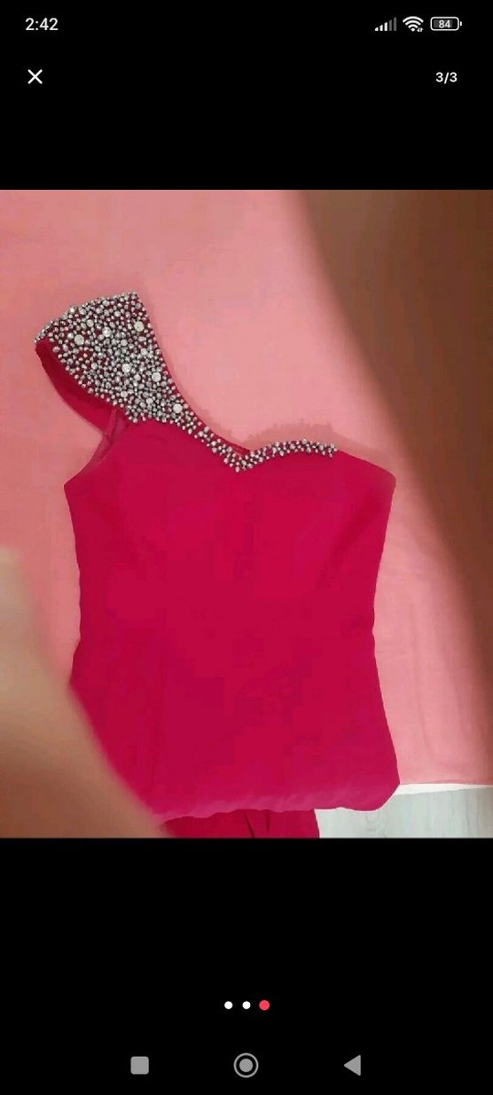 Pullu Tek Omuz Fuşya Midi Abiye Elbise - Görsel 2