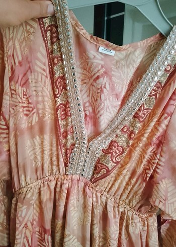 Bej Bohem Etnik Desenli Uzun Henna Elbise - Görsel 4