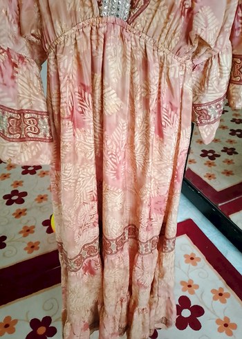 Bej Bohem Etnik Desenli Uzun Henna Elbise - Görsel 5