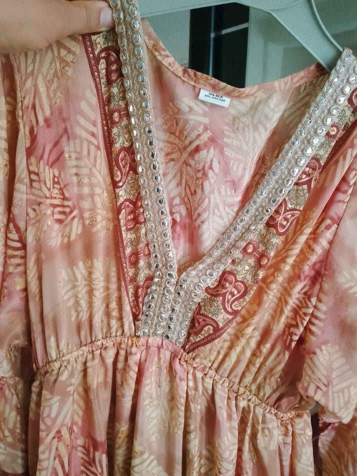 Bej Bohem Etnik Desenli Uzun Henna Elbise - Görsel 4