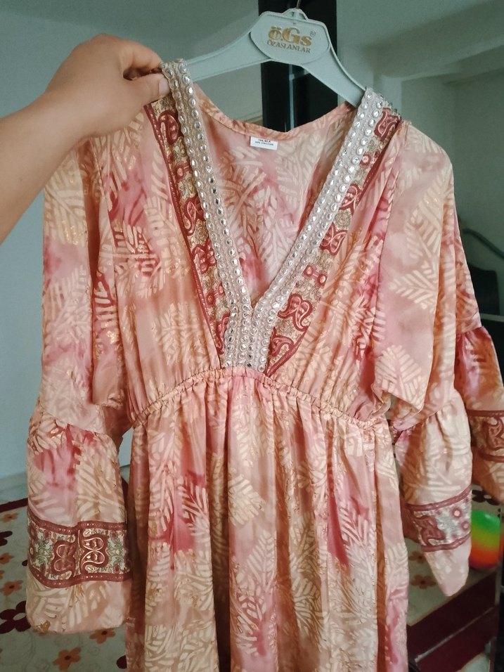 Bej Bohem Etnik Desenli Uzun Henna Elbise - Görsel 3