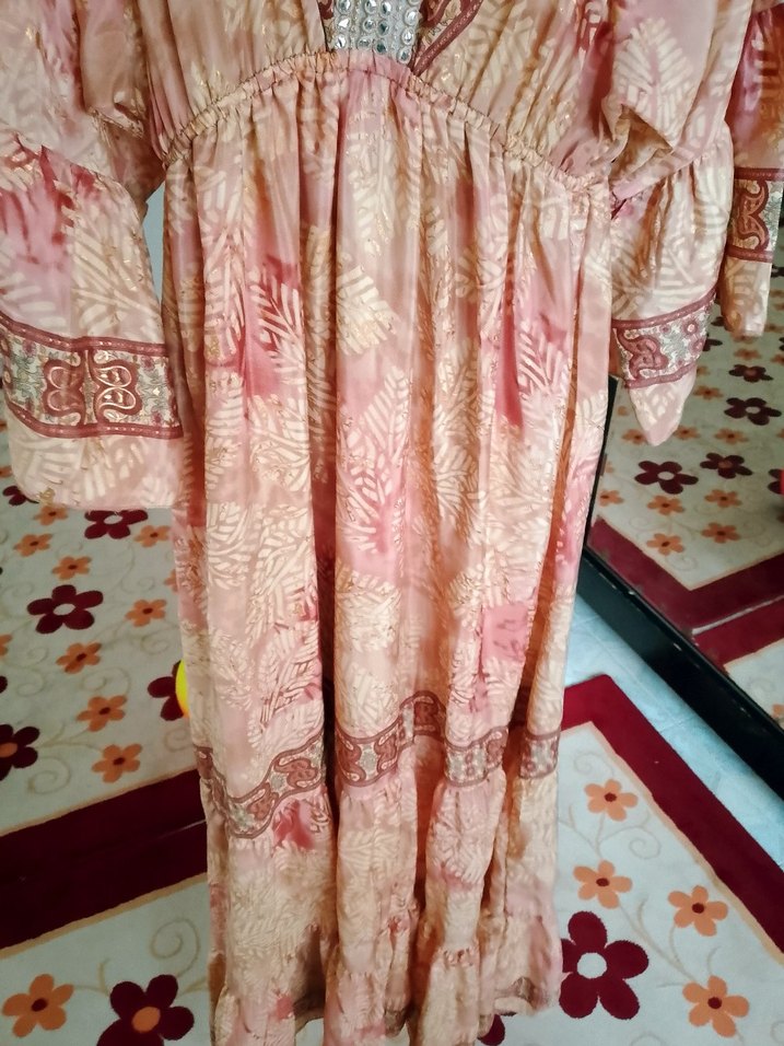 Bej Bohem Etnik Desenli Uzun Henna Elbise - Görsel 5