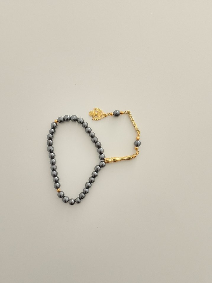 Çift Başlı Kartal Figürü Erkek Gri ve Altın Minimalist Tesbih - Görsel 2