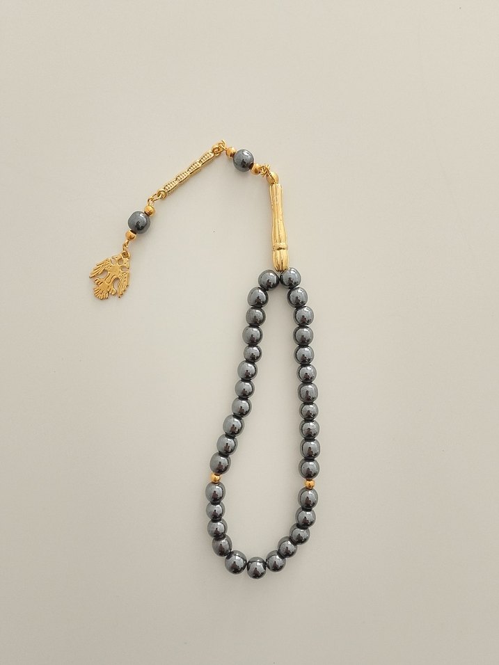 Çift Başlı Kartal Figürü Erkek Gri ve Altın Minimalist Tesbih - Görsel 3