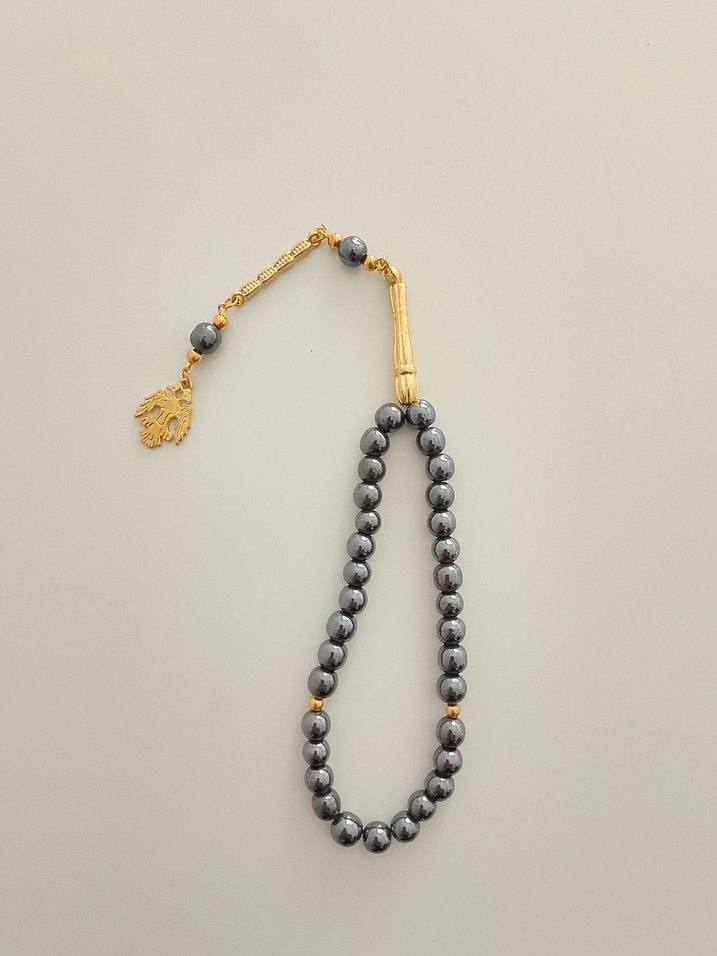 Çift Başlı Kartal Figürü Erkek Gri ve Altın Minimalist Tesbih - Görsel 4