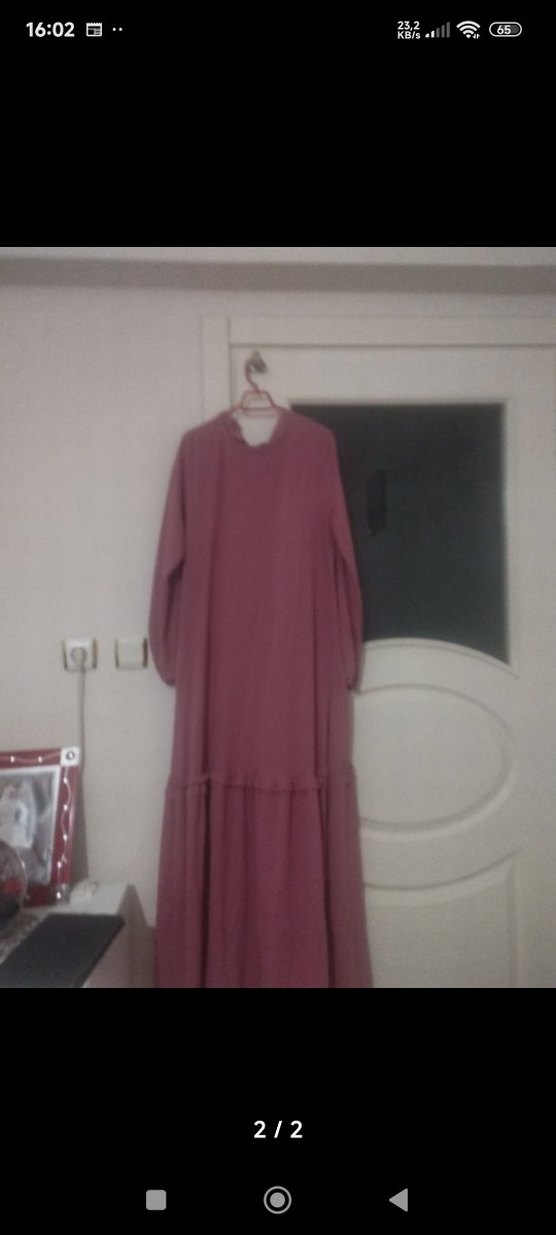 Uzun Kollu Pembe Salaş Uzun Elbise Standart boy - Görsel 2