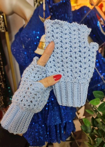 Mavi Örgü Parmaksız Kadın Eldiveni - Görsel 3