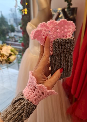 Gri Pembe Örgü Bohem Kadın Eldiveni - Görsel 5