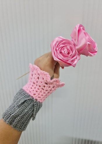 Gri Pembe Örgü Bohem Kadın Eldiveni - Görsel 2