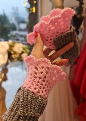 Gri Pembe Örgü Bohem Kadın Eldiveni - Görsel 4