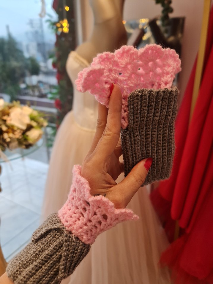 Gri Pembe Örgü Bohem Kadın Eldiveni - Görsel 5