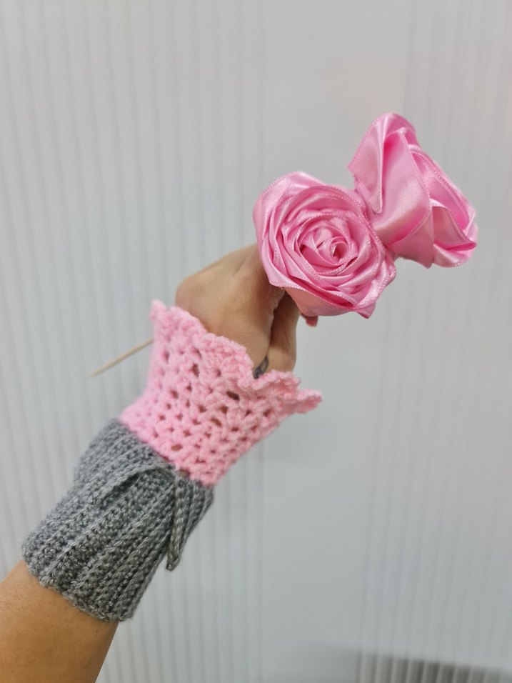 Gri Pembe Örgü Bohem Kadın Eldiveni - Görsel 2