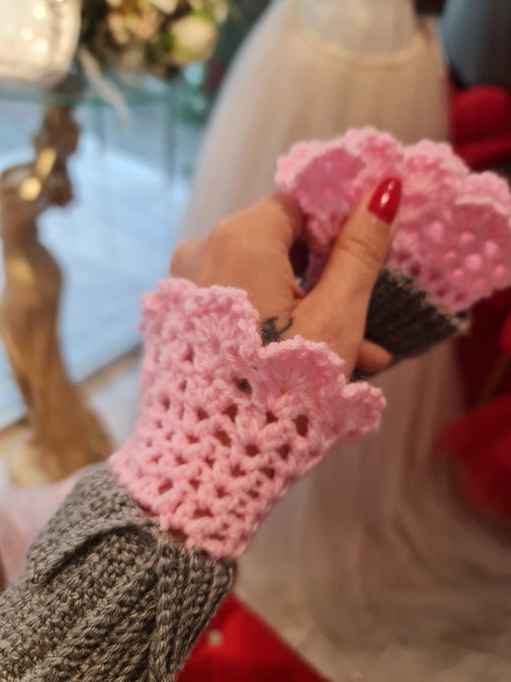 Gri Pembe Örgü Bohem Kadın Eldiveni - Görsel 3