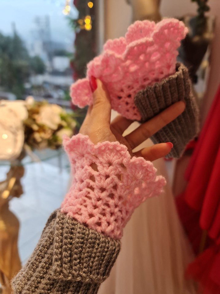 Gri Pembe Örgü Bohem Kadın Eldiveni - Görsel 4