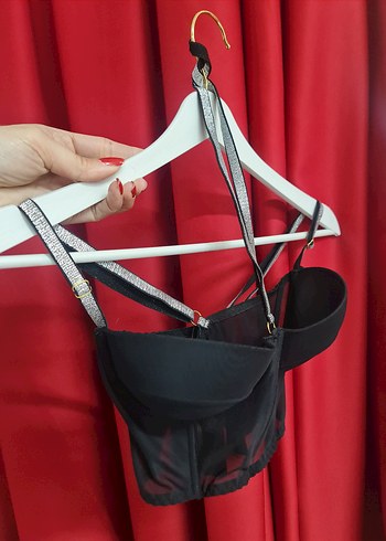 Siyah Gotik Mini Strappy Büstiyer - Görsel 6