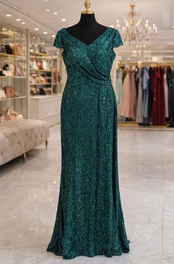 Yeşil Parlak Drapeli Uzun Abiye Elbise - Görsel 2