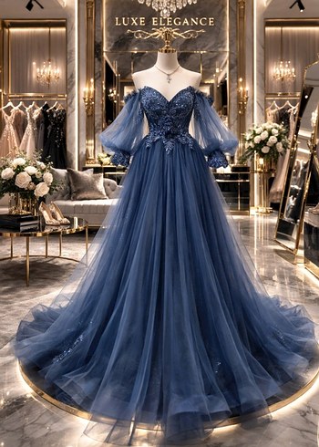 Drapeli Nakışlı Lacivert Uzun Kol Abiye - Görsel 2