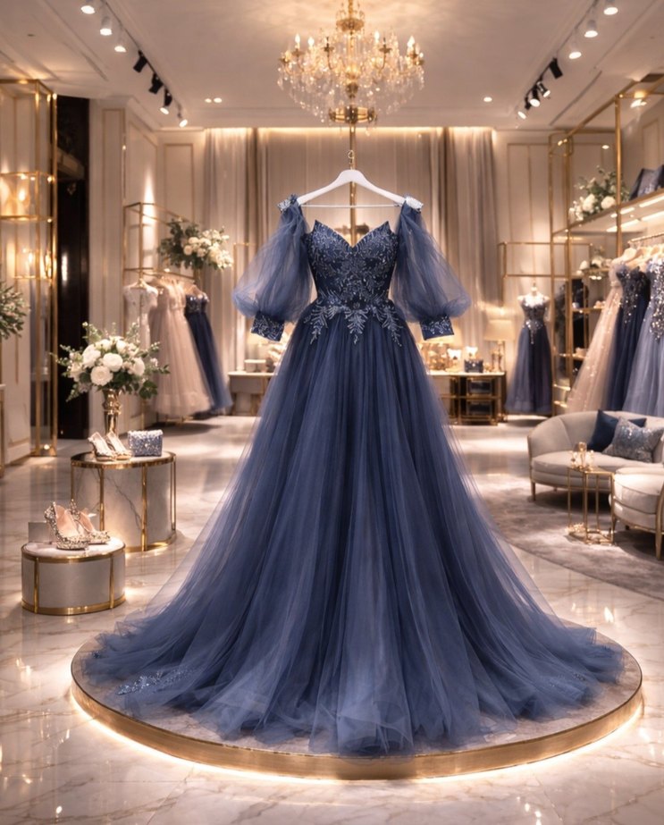 Drapeli Nakışlı Lacivert Uzun Kol Abiye - Görsel 3