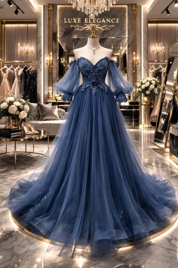 Drapeli Nakışlı Lacivert Uzun Kol Abiye - Görsel 2