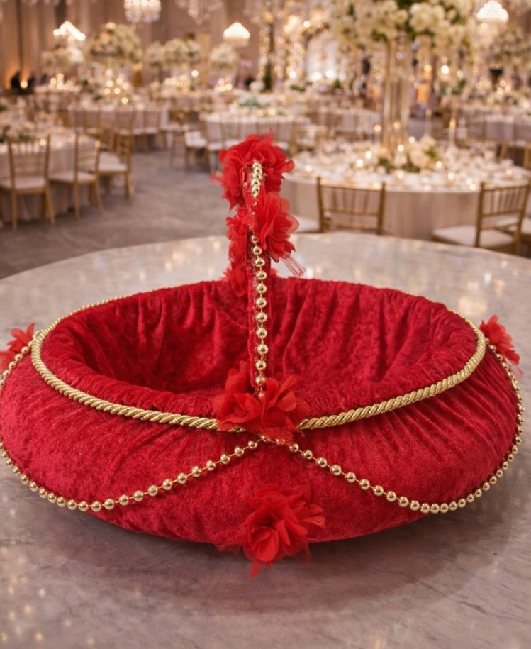 İnci İşlemeli Parlak Kırmızı Bohem Düğün Sepeti - Görsel 3