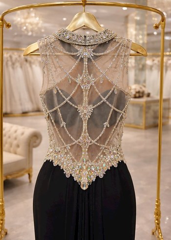 İnci İşlemeli Siyah Uzun Abiye Elbise - Görsel 2