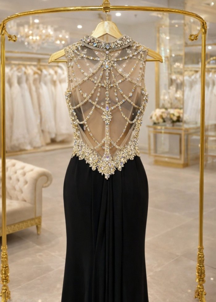 İnci İşlemeli Siyah Uzun Abiye Elbise - Görsel 3