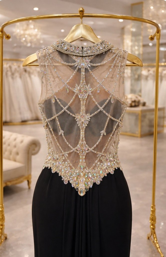 İnci İşlemeli Siyah Uzun Abiye Elbise - Görsel 2