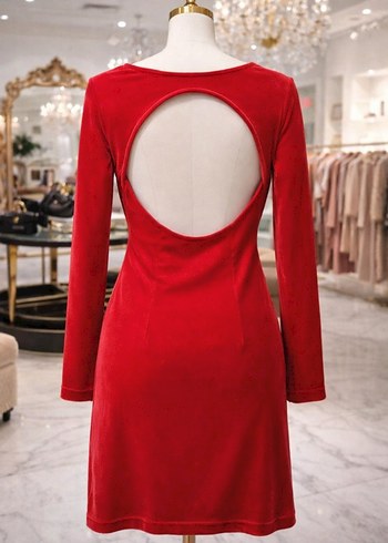 Uzun Kollu Kırmızı Süet Midi Elbise - Görsel 3